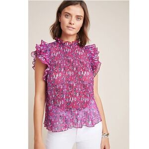 ANTHROPOLOGIE-FREIDA Floral Pleated High Neck pleated Blouse
